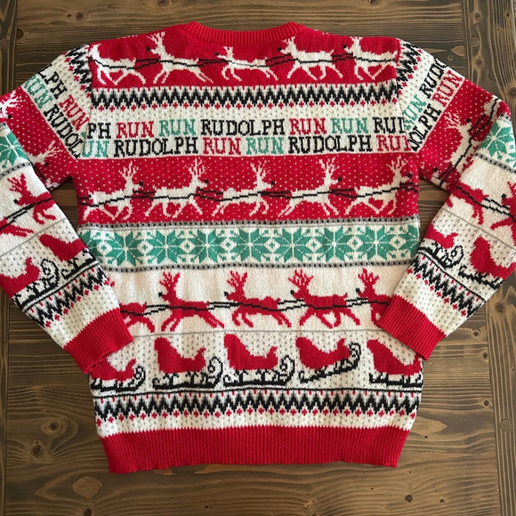 Women's G&J Red Green Rudolph Run Christmas Crew Neck Ugly Holiday Sweater L - Picture 4 of 7